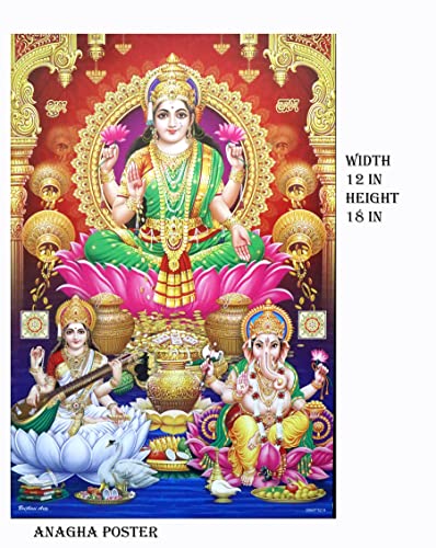 Image of Anagha Mata Laxmi With Ganesh and Sarswati ji Medium Size Poster for Wealth and Prosperity | Prayer Room, and Diwali Puja Room decor| (W12X H28 IN)