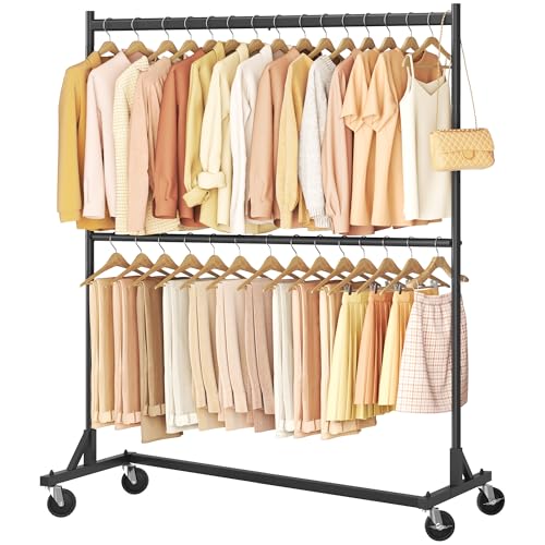 Image of Hoctieon Double Rod Z Rack, Rolling Clothes Racks with Z-Base, Adjustable Clothing Rack, Standing Clothes Rack, Metal Clothing Racks for Hanging Clothes, Portable Garment Rack, Black