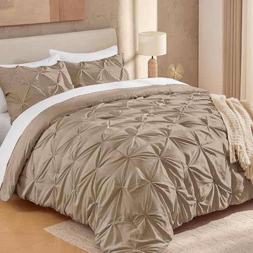 Image of Andency Full Pinch Pleat Comforter Set (79 inchx90 inch),3 Piece Lightweight Pintuck Bedding Comforters & Sets, Fluffy Down Alternative Comforter with 2 Pillow Shams for All Season,Taupe