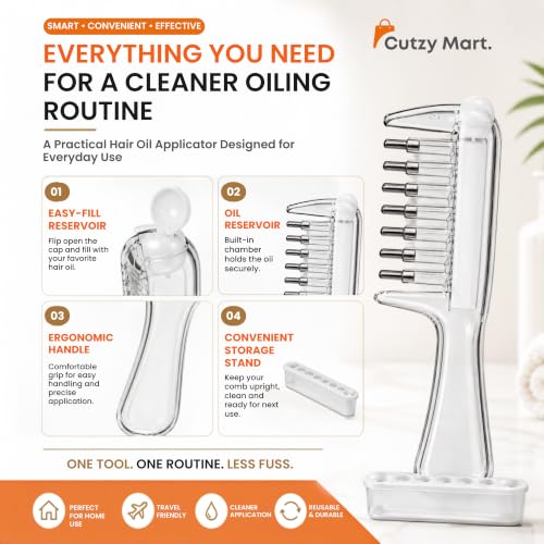 Image of Hair Oil Applicator Comb, Refillable Scalp Massager & Liquid Dispenser with Storage Base, Even Oil Distribution Tool for All Hair Types & Growth Routines (Clear)