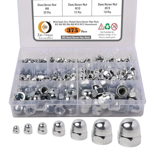 Image of Epi-Torque 375 Pcs Zinc Plated Serrated Metric Acorn Cap Nuts Hex Dome Cap Assortment Kit, 7 Sizes - M3 M4 M5 M6 M8 M10 M12