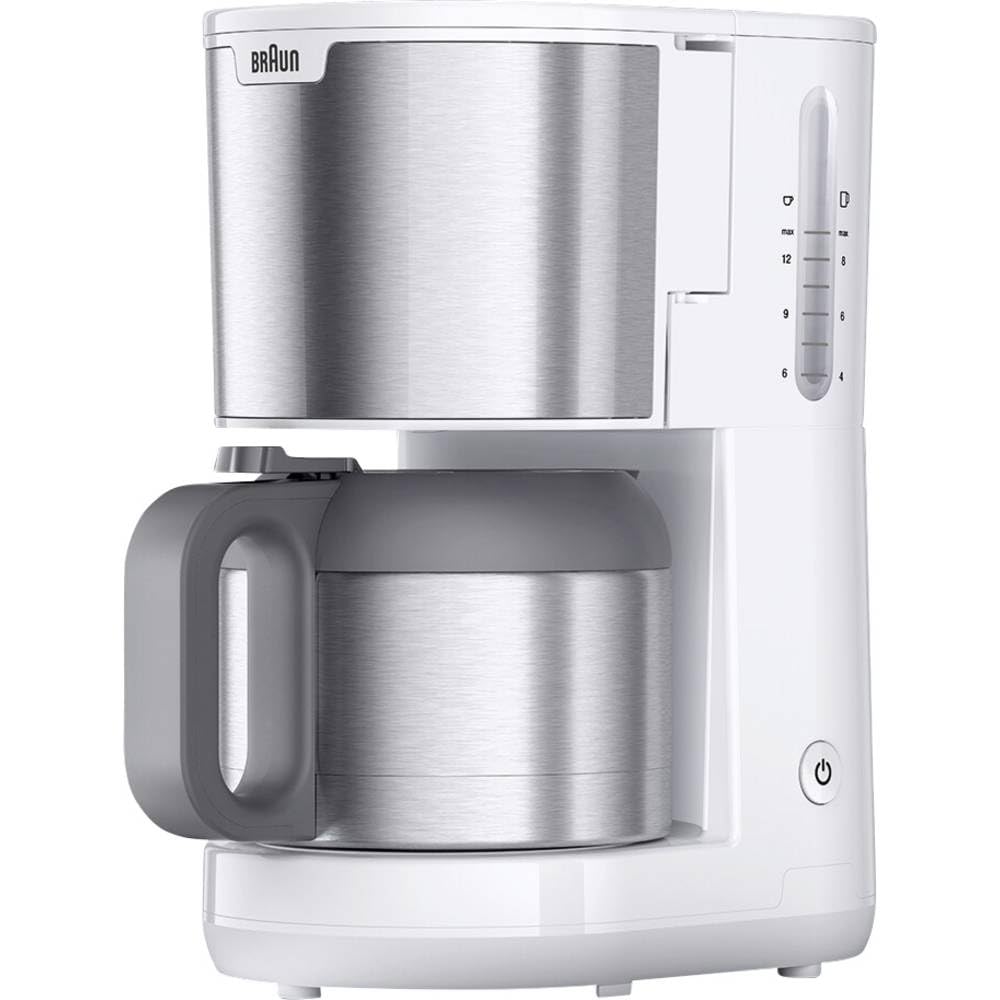 Braun PurShine KF1505 WH Filterkaffeemaschine, 1,2L Edelstahl-Thermokanne für bis zu 9 Tassen, OptiBrew-System, Tropf-Stopp-Funktion, schwenkbarer Filterkorb, Automatische Abschaltung, 1000W, Weiß