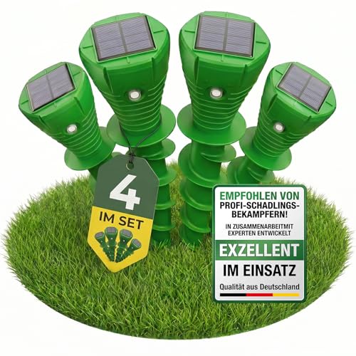 Maulwurf Vertreiber Testsieger Solar Ultraschall 4er Set, IP65 Wasserdicht, Maulwurfschreck Solar Testsieger gegen Wühlmäuse, Mäuse und Schlangen, Tierfreundliche Mäuseabwehr für Garten, Hof und Rasen