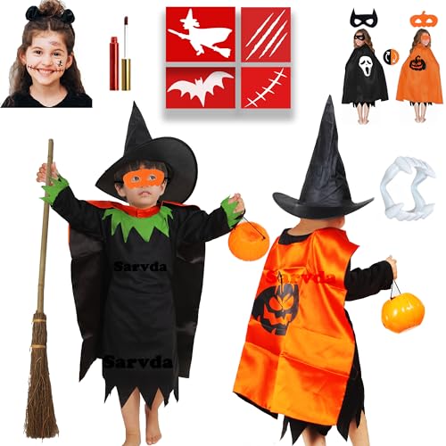 Image of Sarvda Hosiery, Velvet, And Satin Halloween Costume|Halloween Dress For Boys|Witch Costume For Girls (5-6 Years, Green Witch (Dress, Hat, Black Cape, Pumpkin, Teth))