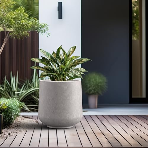 Image of Kante Large Round Curved CON Gray Concrete Planter 16.5 inch Dia, Outdoor | Rubber Plug for Indoor, Drainage for Garden, All-Weather Cement Tree Pot, Handcrafted, Anti-Frost & UV, Modern Home Decor