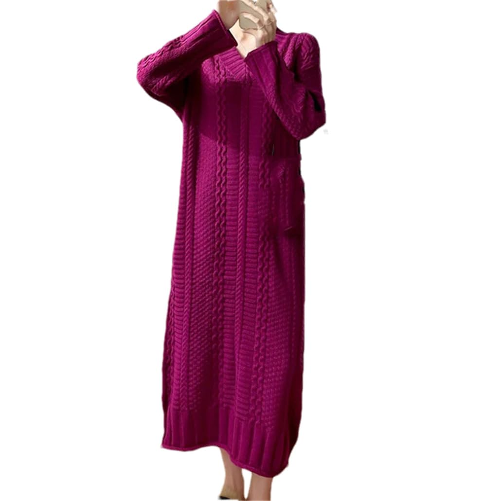 Abito da donna con scollo a V, per autunno e inverno, a maniche lunghe, caldo, plissettato, casual