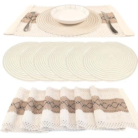 Boho Woven Placemats of 6 Set, Burlap Table Mats,Cloth Placemats for Dining Room Decor, Dining Table Decor, Boho Decor, Farmhouse Decor Cover