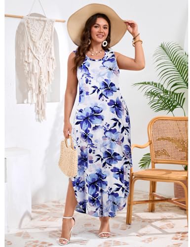 Image of JollieLovin Women Plus Size Summer Tank Maxi Dresses Sleeveless Causal V Neck Beach Long Dresses Swim Cover up (L-5X)