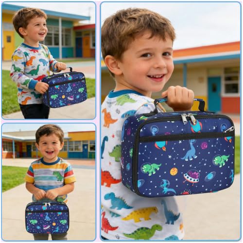 Image of CAMTOP Lunch Box Kids Boys Insulated Lunch Cooler Bag Reusable Lunch Tote Kit for School Travel (Blue Dinosaur)