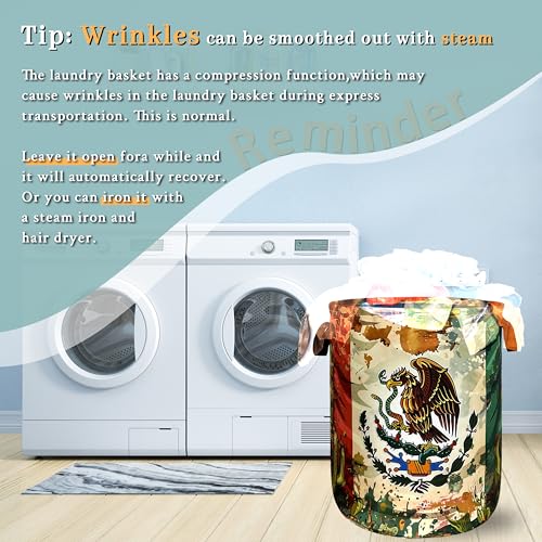 Image of Retro Mexican Flag Laundry Basket Oxford Cloth Hamper 18.9x16.5 Inch | Foldable With Handle Tote Bag Mexican Cactus Laundry Hamper Clothes Storage Bucket Toy Organizer For Bathroom /Laundry /Bedroom