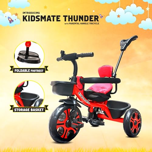 Kidsmate Thunder Plug N Play Kids/Baby Tricycle with Safety Guard Rail and Parental Control | Storage Basket | Fabric Cushion Seat & Bell for 12 Months to 48 Months Boys/Girls (Red) - Image 6