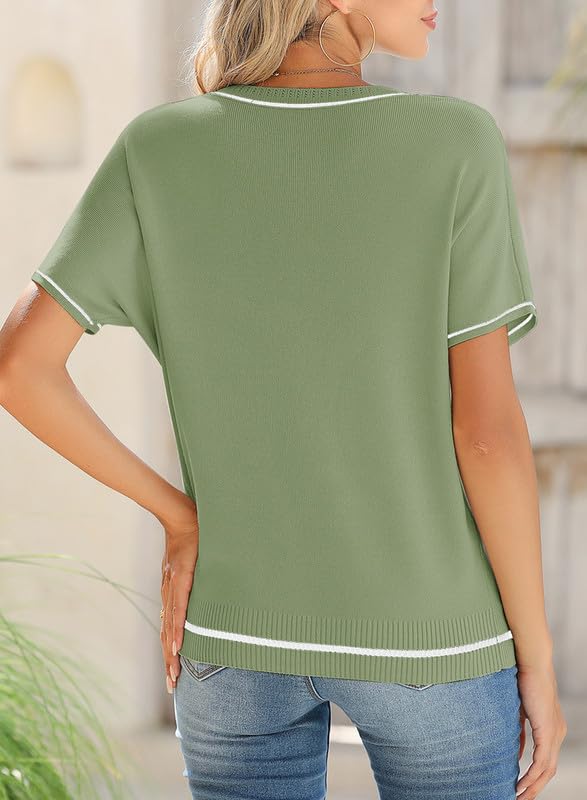 Image of SHEWIN Womens Tops Trendy Short Sleeve Shirts Crewneck Lightweight Knit Sweater Top Business Casual Outfits