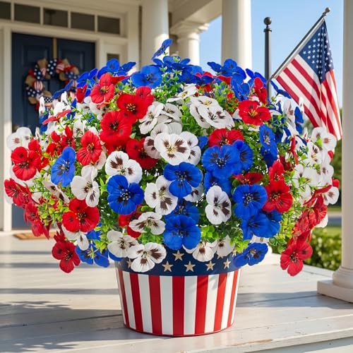 18 Pcs Artificial Fake Pansy Flowers for Outdoor UV Resistant Faux Silk Pansies Patriotic Flowers for Outside for Planter Front Door Porch Patio Window 4th of July Home Decor (18 Red White Blue)