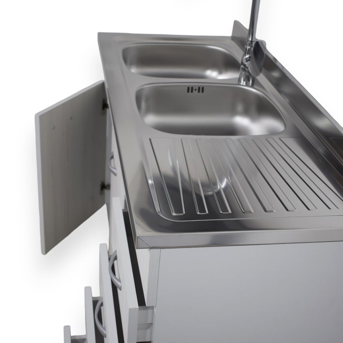 Yellowshop - Mobile cucina sottolavello a 2 ante e cassettiera cm 120 effetto legno Frassino Moire componibile con lavello inox e scolapiatti Basic (Sottolavello completo piano Dx)