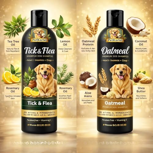 Image of Dog Grooming Combo Tick & Flea Shampoo 200ml + Oatmeal Shampoon 200ml with Deshedding Glove | Anti Tick Cleansing Moisturizing Bath Care Kit for Dogs | Fur Removal Massage Glove Grooming