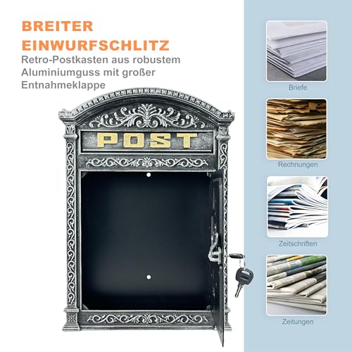 Relaxdays Briefkasten, englischer Stil, Aluguss, für DIN A4, HxBxT: 44,5 x 31 x 9,5 cm, antiker Wandbriefkasten, grau