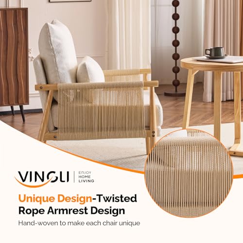 VINGLI Boho Braid Accent Armchair,Mid-Century Modern Chiar with Solid Wooden Armrest,Comfy Louge Cushion Chair with Waist Pillow for Bedroom,Living Room,Reading Room, Beige - Image 4