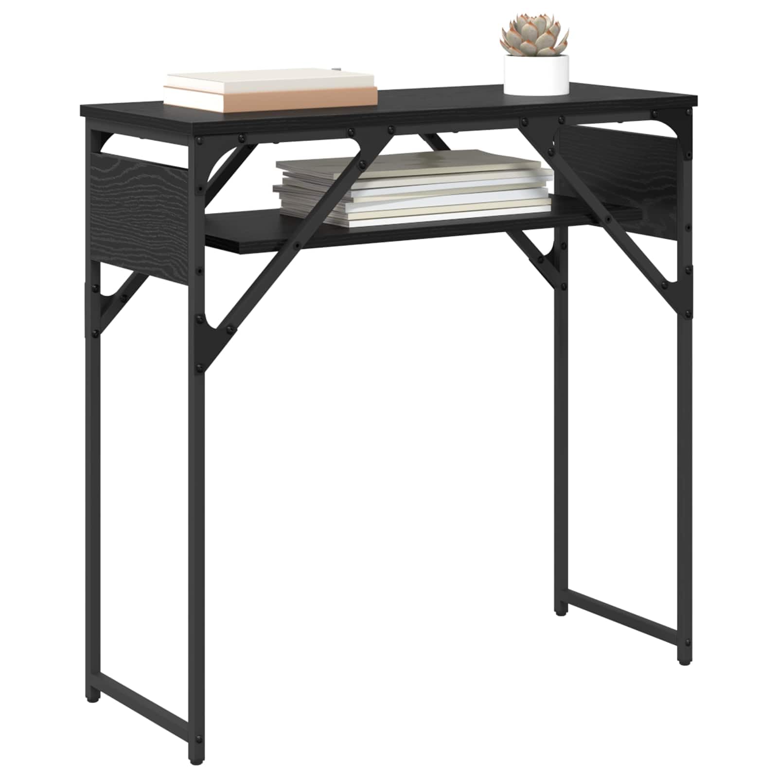Tavolo consolle nero effetto rovere, 75 x 30 x 75 cm, in legno con 2 ripiani, capienza, durevole, ideale per ufficio, casa, gaming e studio, design industriale moderno