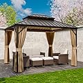 INTER HUT 10x12 Hardtop Gazebo with Netting and Curtains, Galvanized Steel Double Roof with Aluminum Frame Outdoor Pavilion for Patio, Garden, Deck and Lawn, Dark Brown/Tan