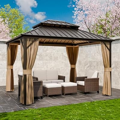INTER HUT 10x12 Hardtop Gazebo with Netting and Curtains, Galvanized Steel Double Roof with Aluminum Frame Outdoor Pavilion for Patio, Garden, Deck and Lawn, Dark Brown/Tan