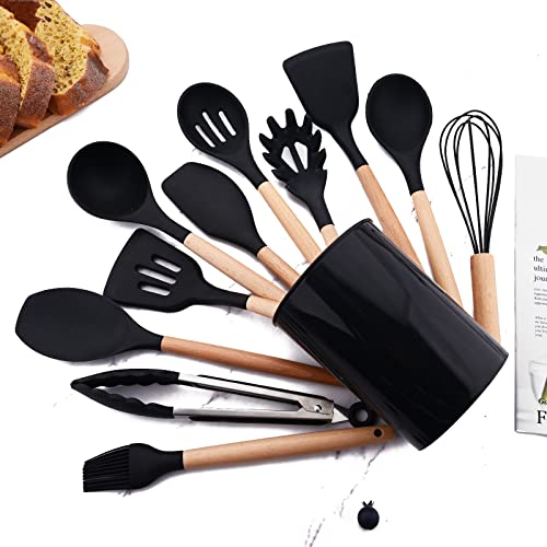 BRIIEC Silicone Black Kitchen Utensil Set with Holder, 12 Pcs Spatula Set for Cooking, Heat Resistant Kitchen Tools Spoon Turner Whisk for Cookware.