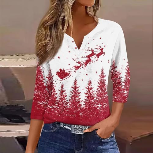 Image of Women Christmas Shirt 3 /4 Length Sleeve Henley Tops Xmas Outfits