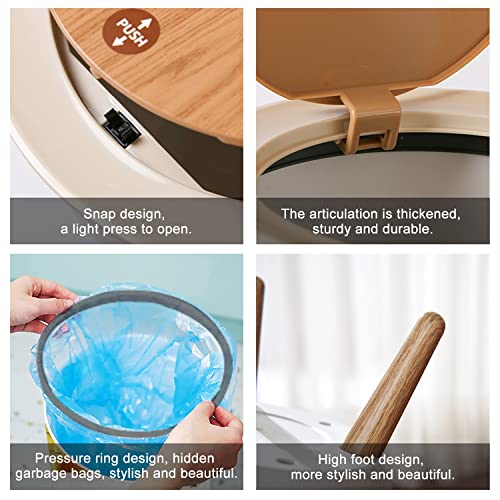Image of Trash Can with Lid Cute Seamless with Soccer Balls Press Cover Small Garbage Bin Round with Wooden Legs Waste Basket for Bathroom Kitchen Bedroom 7L /1.8 Gallon