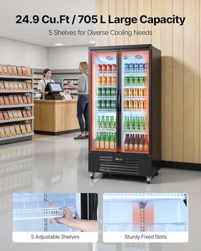Image of VEVOR Commercial Merchandiser Refrigerator, 24.9 Cu.Ft / 705L Upright Beverage Cooler, 2 Glass Door Display Refrigerator with 5 Adjustable Shelves, Soft LED Light & Casters for Bars Shops Supermarkets