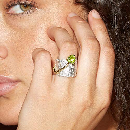 German Kabirski 1.65 Carat Green Peridot Handmade Barrel Ring In 925 Sterling Silver With Gold And White Rhodium Plating Size 6 #TOP1