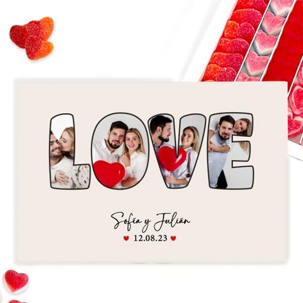 Transparent Gift Caja de Dulces Personalizada con Foto y Nombre Love. Cajas de Bombones y Chuches Personalizadas. Regalos Originales para San Valentín. Regalos para Novio, Novia o Pareja.