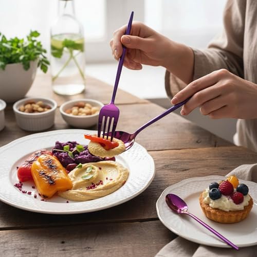 Image of 4 Pcs Pink Slim Handle Stainless Steel Cutlery Set for Dining Table with Spoon and Fork Set & Butterknife - The Perfect Tableware /Flatware