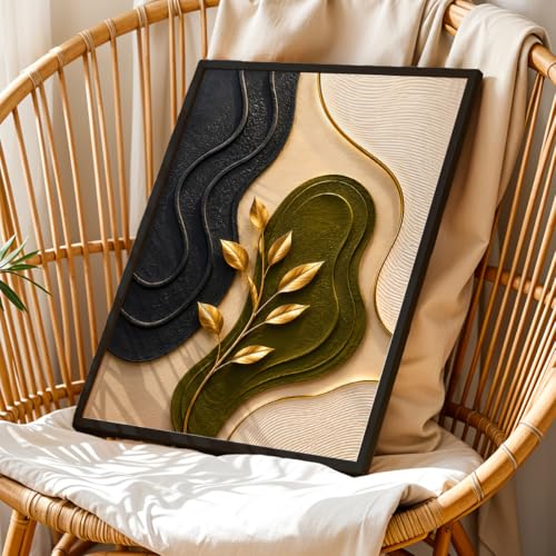 Image of NoWorries 3D Abstract Botanical Wall Painting with Frame Set of 1 | Premium Textured Gold Leaf Artwork, Modern Black Green Beige Nature Wall Decor for Living Room, Bedroom, Office and Home Decoration (3d Art-19,17x25inch)