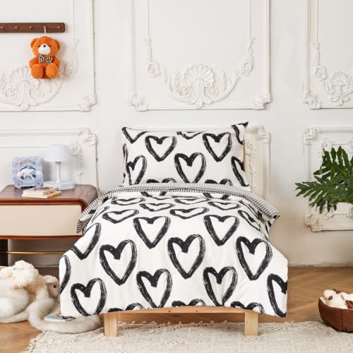 Image of Wellboo Black White Love Toddler Bedding Sets for Girls Boys Cute Cartoon 4 Pieces Soft Crib Bed Set Including Comforter, Sheets and Pillowcase Child Black and White Heart Quilt
