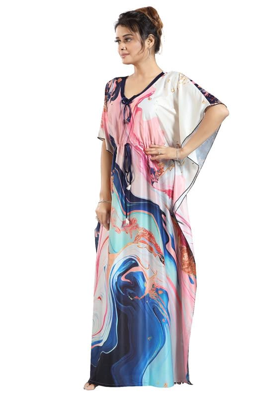 Image of Women's- Kaftan /Nighty /Maxi /Gown /Nightdress /Nightwear Serena Fabric- V-Neck Floral Print