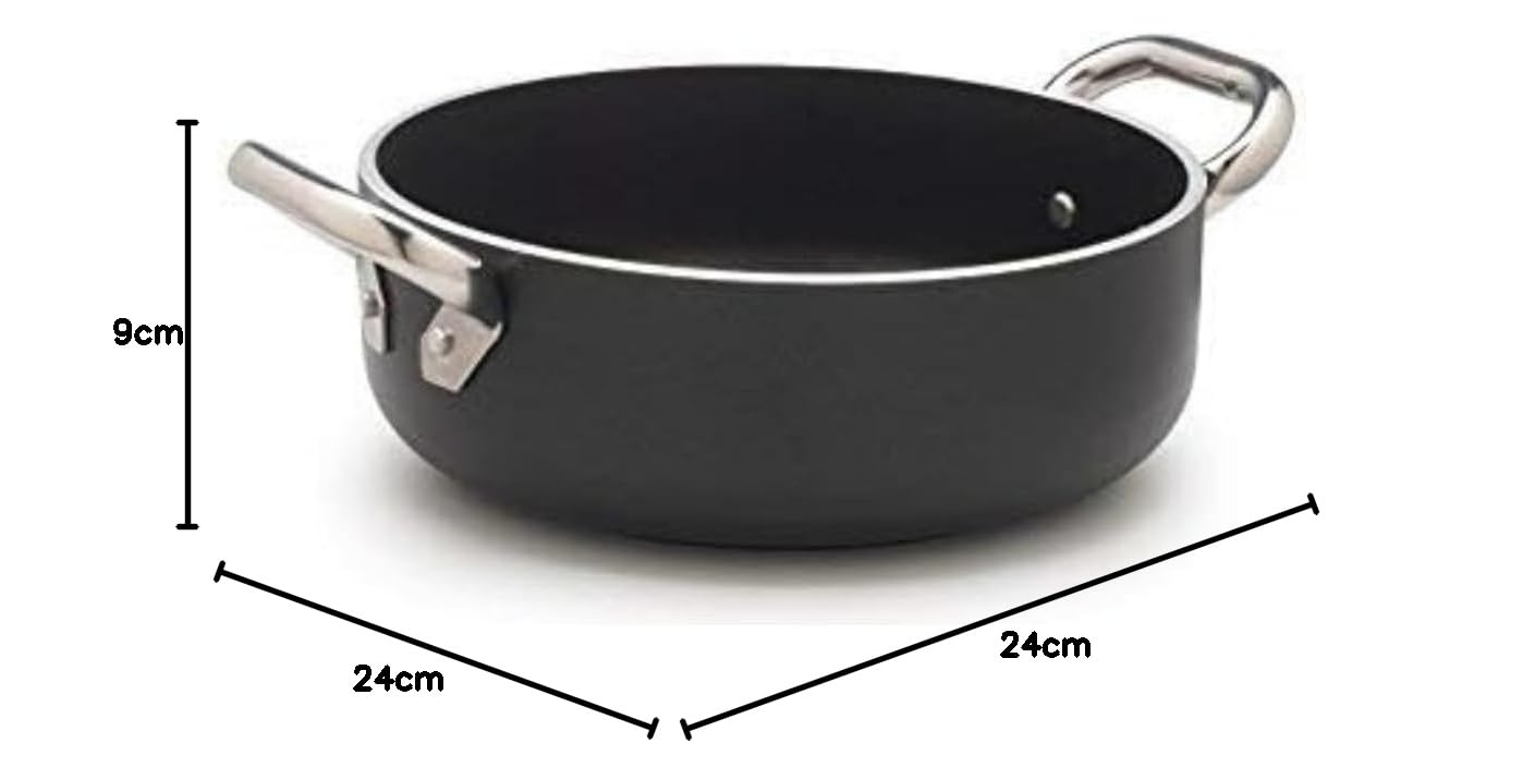 Pentole Agnelli ALSA2106SSPI24 Alblack Casseruola Bassa, in Alluminio, Spessore 5 mm, Fondo Induzione da 10 mm, con 2 Manici in Acciaio Inossidabile, 24 cm, Nero