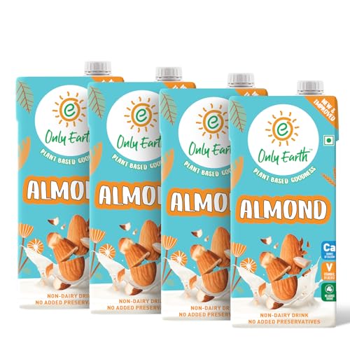 Image of Only Earth Almond Drink | Unsweetened | Lactose-Free | Preservatives Free | Made with Natural Almond Paste | Source of Calcium | Contains Vitamin D,E,B1,B2 & B12 | Dairy Alternative | Cholesterol Free | Plant-Based Alternative | Barista Edition 1L(Pack of 4)