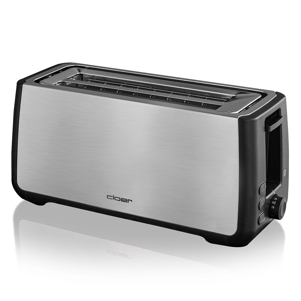 Cloer 3579 Tostapane King-Size per 4 Fette XXL, 1500 W, funzione toast-check, corpo in acciaio inossidabile con elementi in plastica nera