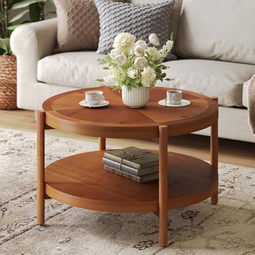 LITTLE TREE Vintage Solid Wood Coffee Table, 31.5' Round Coffee Table for Living Room, Classic 2-Tier Living Room Center Table with Storage Shelf, Brown Modern Design Home Furniture