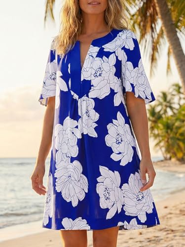 Image of Wenrine Womens Flutter Short Sleeve Mini Dress Casual V Neck Loose Flowy Summer Dresses