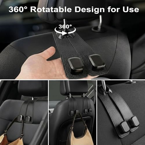 Image of Hian Leather Car Seat Headrest Double Hooks, Back Seat Organizer for Purse, Handbag, Grocery Bags and Backpack, Multifunctional Car Storage Hook for Vehicle Seat Back (Black, Pack of 2)
