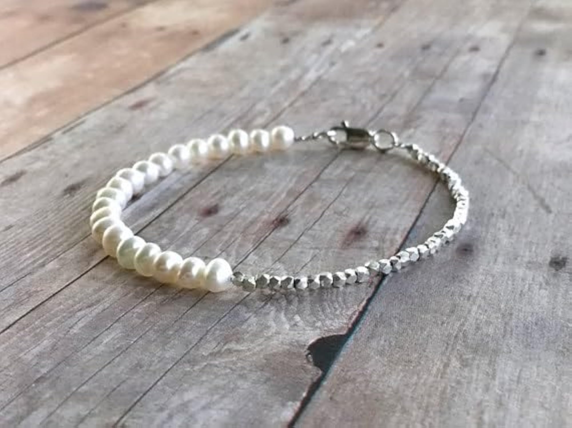 Fresh Water Pearl Round Beaded Bracelet with Silver Lock, Adjustable 7 Inch