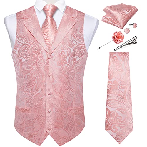 DiBanGu Mens Vest Tie Set 7PCS Silk Paisley Suit Waistcoat and Necktie Hankerchief Cufflinks Lapel Pin Set for Wedding Party