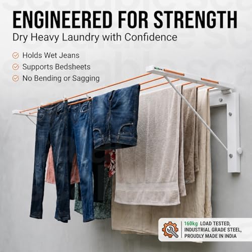 Image of Clothes Drying Stand Wall Mounted with nylon rope- Space Saving Steel Wall Cloth Dryer Stand-Cloth Dryer Foldable Rack- Wall mount cloth hanging stand-Cloth Dryer Stand for indoor,outdoor and Balcony