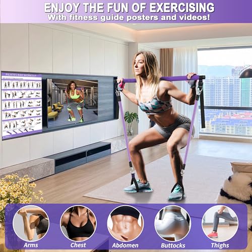 Image of Goocrun Portable Pilates Bar Kit with Resistance Bands for Men and Women - 3 Set Exercise Resistance Bands - Multifunctional Home Gym - Supports Full-Body Workouts - with Fitness Poster and Video