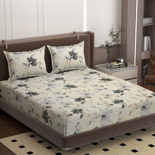 Image of Haley King Size Fitted Bedsheet Set (78x72 in) with 2 Pillow Covers - 250 TC Super Soft Cotton, All-Corner Elastic, Floral Design, Smooth & Comfortable (Set of 1)