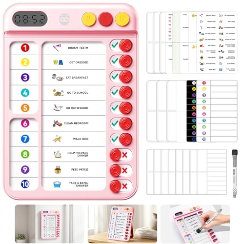 Chore Chart for Kids with Visual Timer, ADHD Tools Visual Schedule Planning Board with Slider, 20 Personalizable Cards and Magnetic Marker, Morning/Bedtime/Daily Routine Chart Checklist - Pink