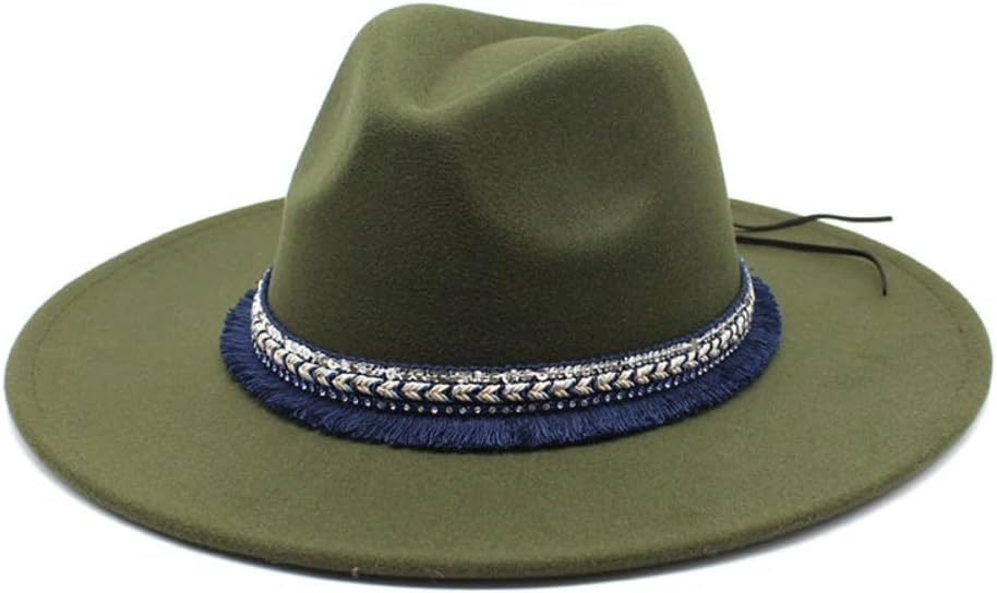 Wide Brim Wool Felt Fedora Hat, Black, Western Style with Navy Fringe Band