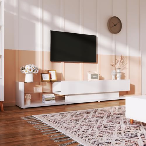 Merax Meuble TV bas avec éclairage LED - Blanc brillant - Meuble TV moderne avec support en verre et 2 grands tiroirs - Pour salon, salle à manger - Blanc -...