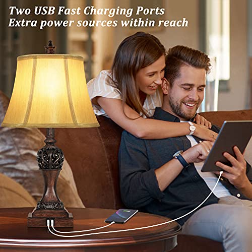 Set of 2 Touch Control 3-Way Dimmable Table Lamps with 2 USB Charging Ports Traditional Bedside Lamps with Bell Shape Faux Silk Shade & Brown Base for Bedroom Nightstand Living Room LED Bulbs Included - Image 3