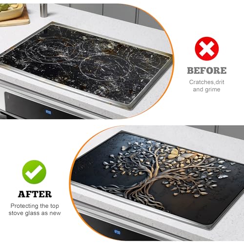 Image of Multi-Design Stove Top Cover for Glass /Electric Stoves - 3-in-1 Heat-Resistant Protector Mat, Non-Slip Drying Rack 28 inchx20 inch (Tree of Life - Black, 28 inch L x 20 inch W)